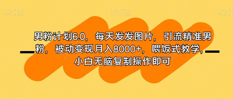 男粉计划6.0，每天发发图片，引流精准男粉，被动变现月入8000+，喂饭式教学，小白无脑复制操作即可-19点研学社