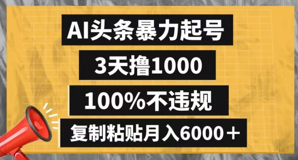 AI头条暴力起号，3天撸1000,100%不违规，复制粘贴月入6000＋【揭秘】-19点研学社