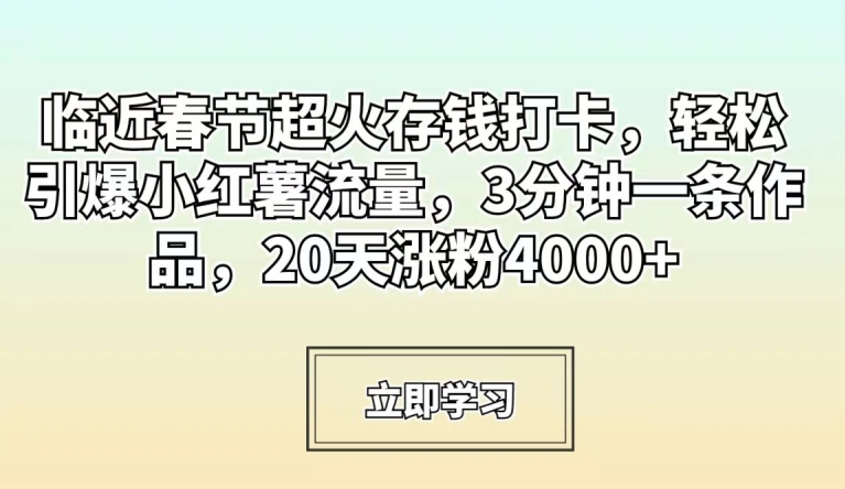 临近春节超火存钱打卡，轻松引爆小红薯流量，3分钟一条作品，20天涨粉4000+【揭秘】-19点研学社