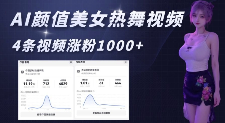 AI颜值美女热舞视频，4条视频涨粉1000+，实测6分钟一条-19点研学社