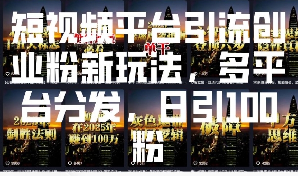短视频平台引流创业粉新玩法，多平台分发，日引100粉-19点研学社